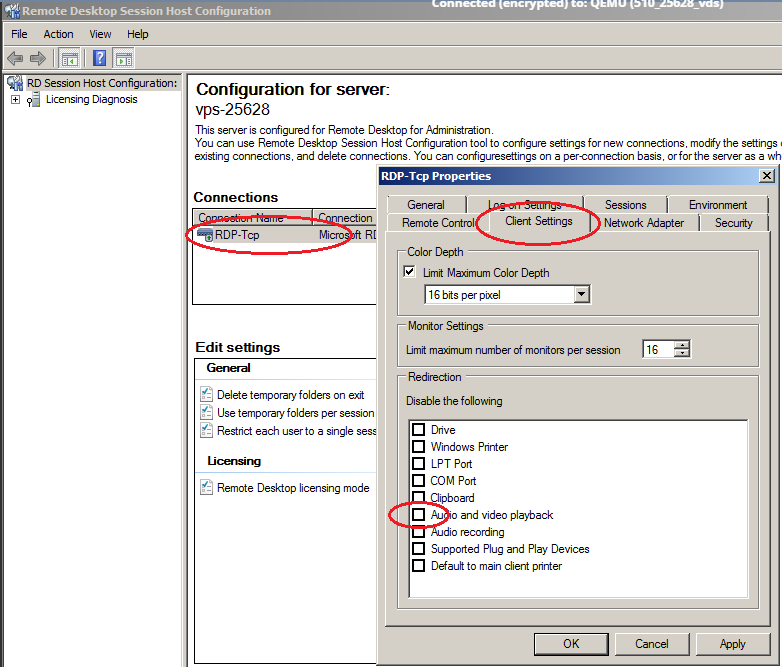 Параметры rdp tcp подключения windows server 2008